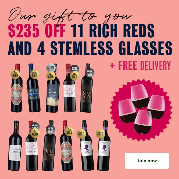 $235 OFF 11 Rich Reds and 4 Stemless Glasses